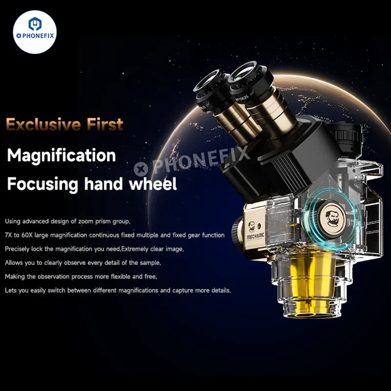 Electric MECHANIC ROBOT 7060T 7-60X Trinocular Zoom Microscope by PHONEFIX showing adjustable zoom and trinocular viewing head.