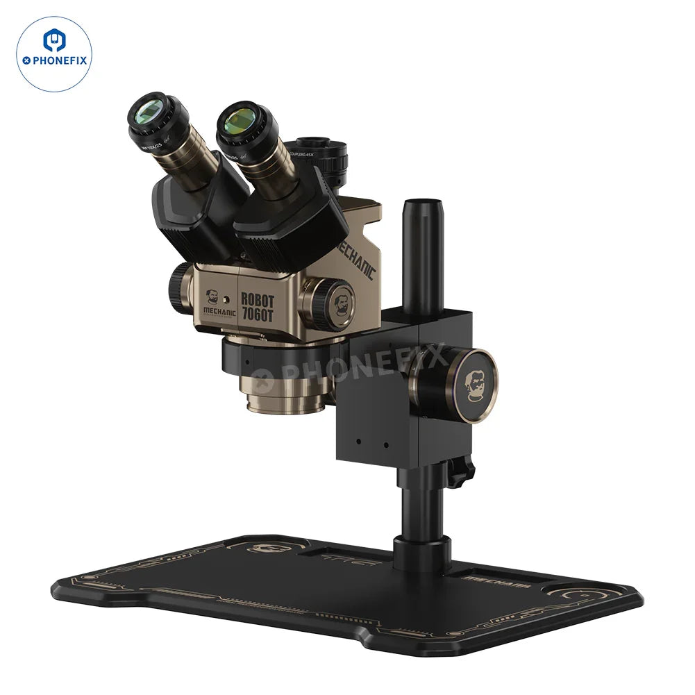 PhoneFix MECHANIC ROBOT 7060T 7-60X trinocular zoom microscope with electric control and adjustable eyepieces for detailed viewing.