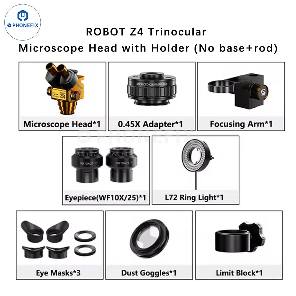 PhoneFix MECHANIC ROBOT Z4 6.5X-60X trinocular stereo microscope with robotic arm and no base, used for detailed mechanical inspection.