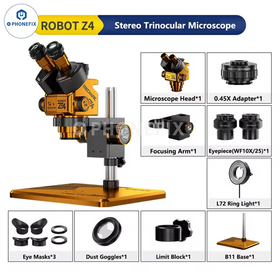 PhoneFix Mechanic Robot Z4 6.5X-60X trinocular stereo electric microscope with adjustable eyepieces and built-in lighting.