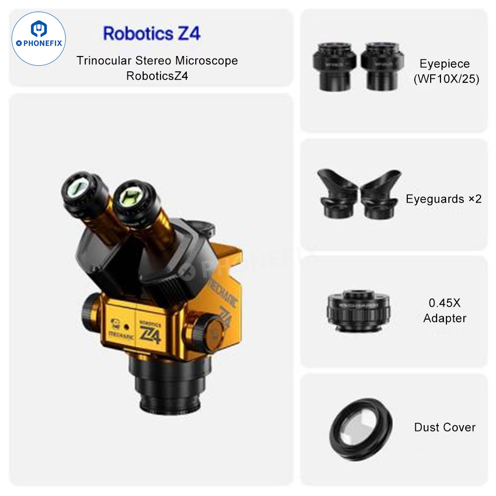Close-up of the PHONEFIX MECHANIC ROBOT Z4 6.5X-60X trinocular stereo microscope head with adjustable eyepieces.
