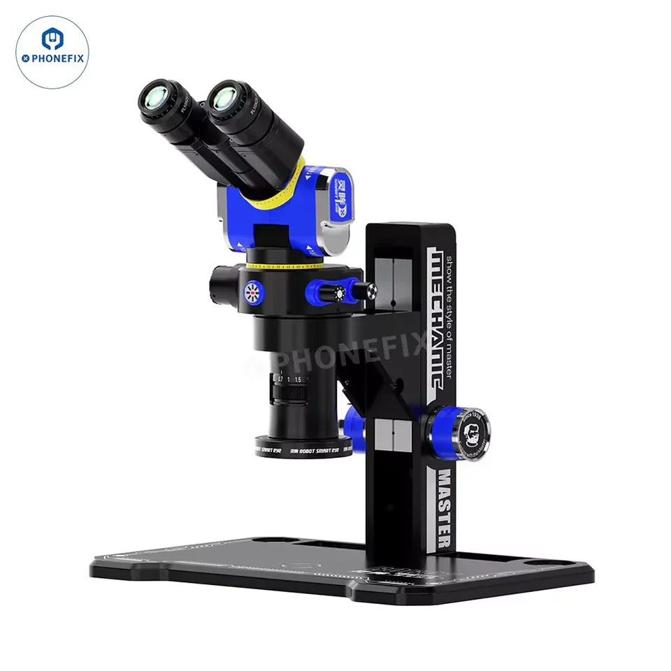 PHONEFIX MECHANIC SMART EYE electronic microscope with 7-45X zoom for phone repair, shown with phone repair tools and setup.