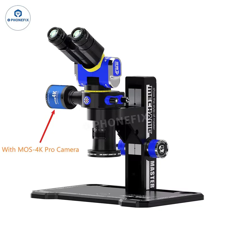Phonefix Mechanic Smart Eye Microscope with 7-45X zoom for phone repair, shown with camera attachment and detailed viewing features.