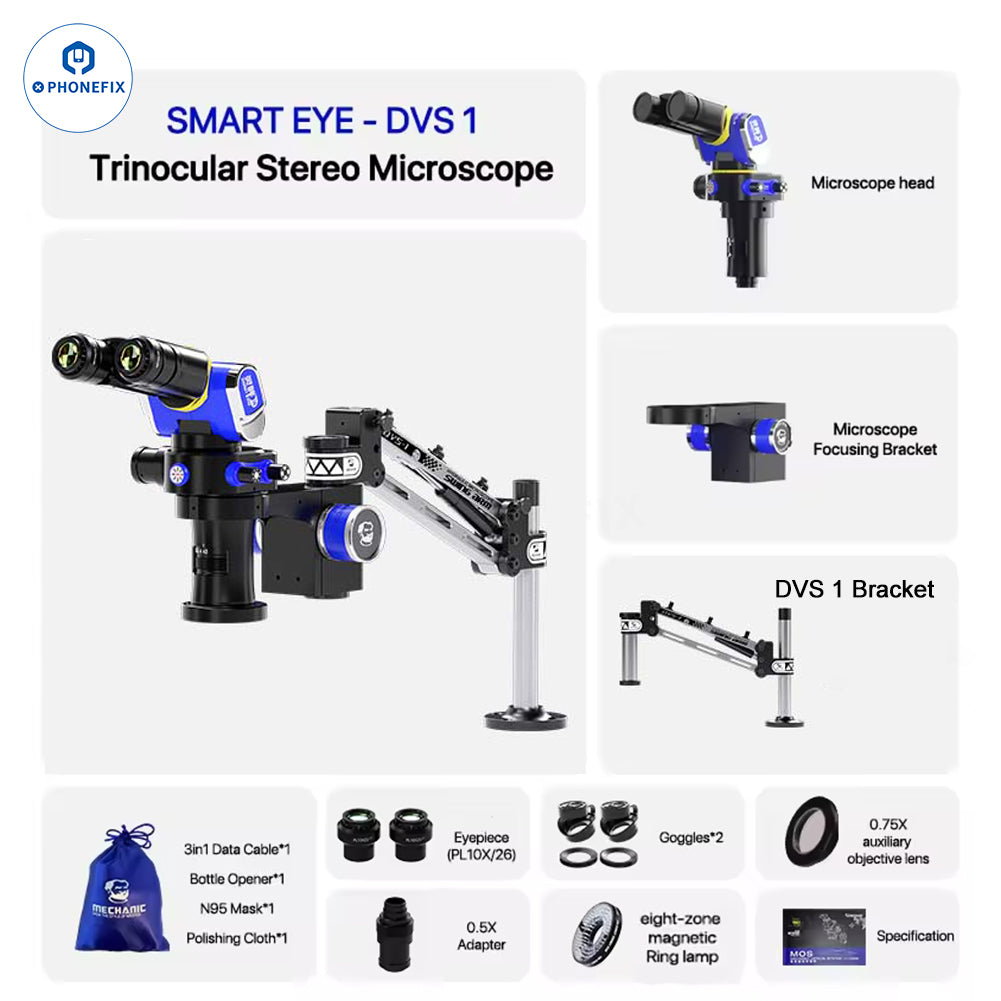 PhoneFix MECHANIC SMART EYE electric microscope with 7-45X zoom for phone repair, shown with adjustable focus and phone attachment.