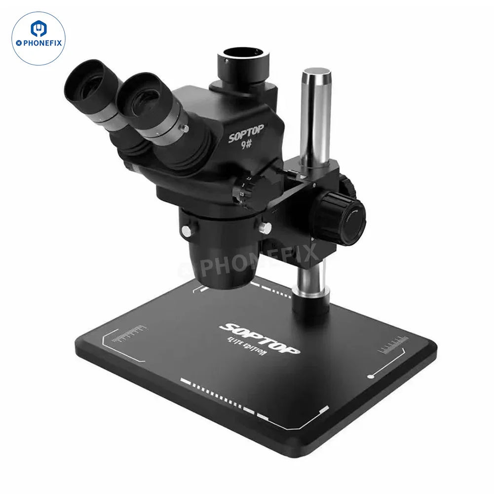 PHONEFIX SOPTOP 9# 6.7-4.5X zoom trinocular electric microscope with HD eyepiece and adjustable focus, shown on a white background.