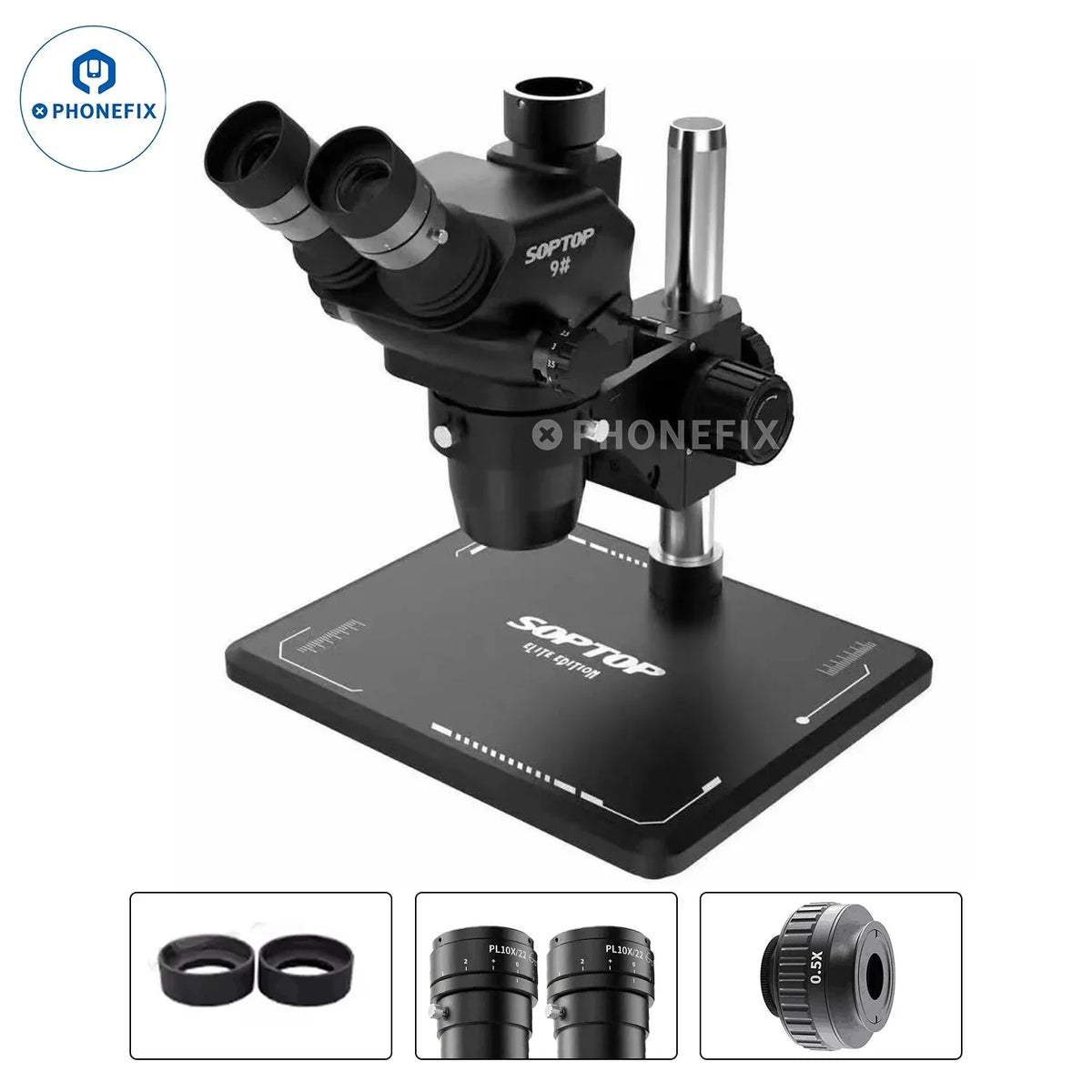 SOPTOP 9# 6.7-4.5X Zoom Trinocular HD Electric Microscope by PHONEFIX showing the microscope with adjustable zoom and trinocular head