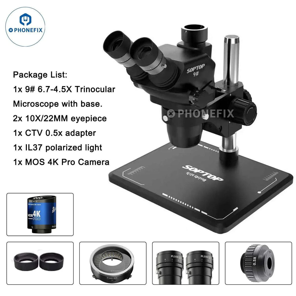 PHONEFIX SOPTOP 9# 6.7-4.5X Zoom Trinocular HD Electric Microscope with adjustable zoom and dual eyepieces, shown in a detailed 4K image.