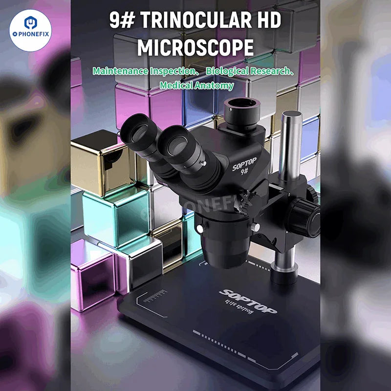 PHONEFIX SOPTOP 9# 6.7-4.5X Zoom Trinocular HD Electric Microscope showing the eyepieces and adjustable zoom controls