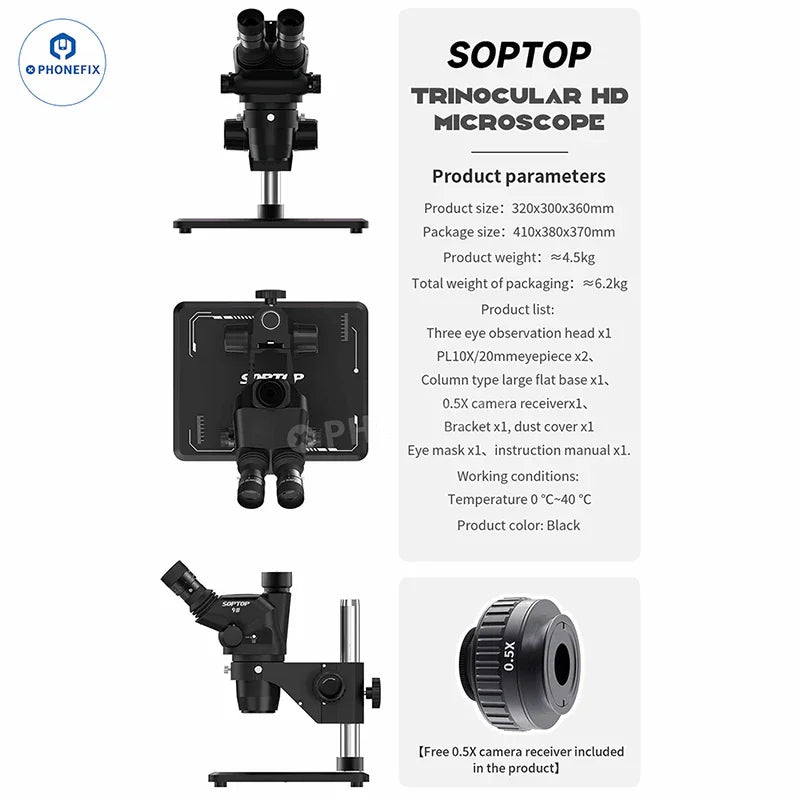 PHONEFIX SOPTOP 9# 6.7-4.5X Zoom Trinocular HD Electric Microscope showing the zoom lens and trinocular eyepiece setup.