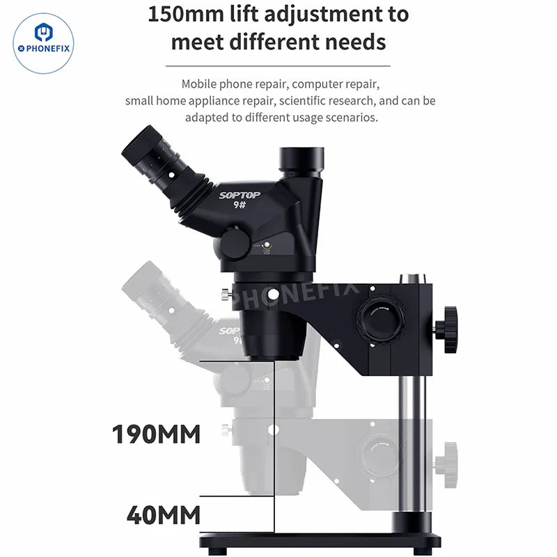 PHONEFIX SOPTOP 9# 6.7-4.5X zoom trinocular electric microscope with HD viewing and adjustable focus.