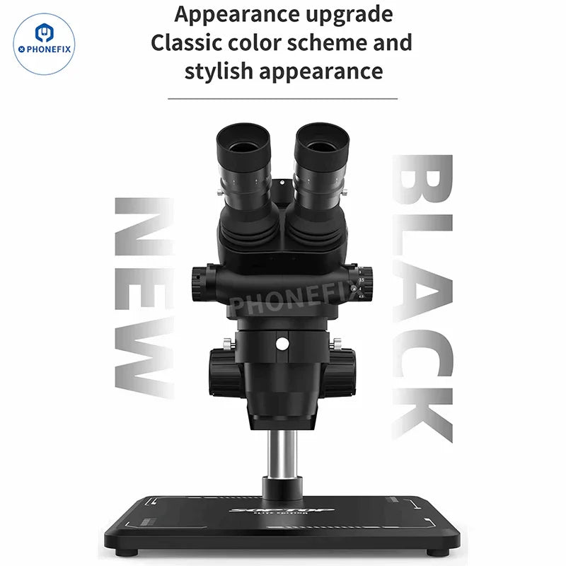 Electric trinocular microscope with 6.7-4.5X zoom and HD camera, featuring PHONEFIX branding and detailed microscope components.