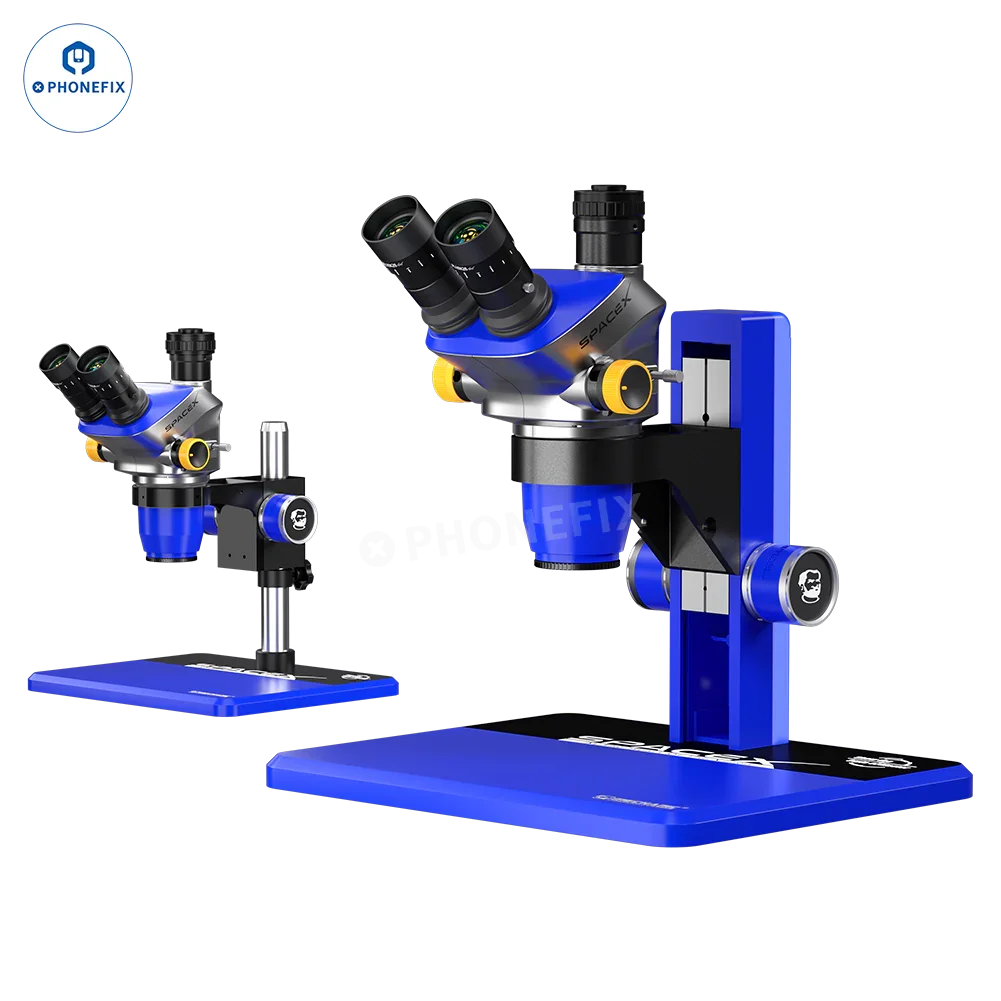 Mechanic Space X 6.5X-52X trinocular electric microscope by PHONEFIX, showing detailed view of the microscope's eyepiece and controls.