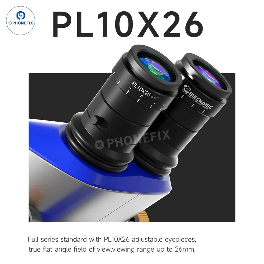 Electric trinocular microscope for mechanics, PHONEFIX Space X 6.5X-52X micro-soldering microscope with adjustable zoom and lighting.