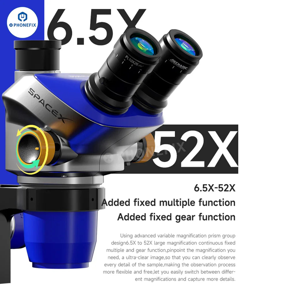 PhoneFix Mechanic Space X 6.5X-52X Trinocular Micro-Soldering Electric Microscope showing adjustable lenses and microscope head.