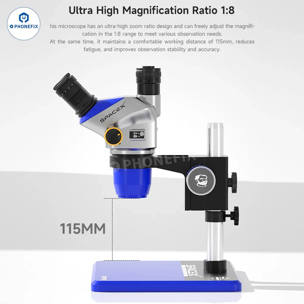 PhoneFix Mechanic Space X 6.5X-52X trinocular electric microscope with adjustable zoom and built-in lighting for detailed soldering work.