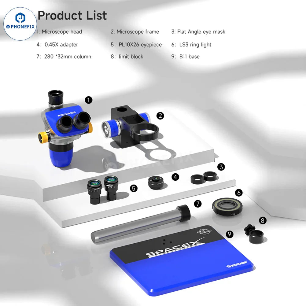 PhoneFix Mechanic Space X 6.5X-52X trinocular micro-soldering microscope with electric lighting for detailed electronic work.