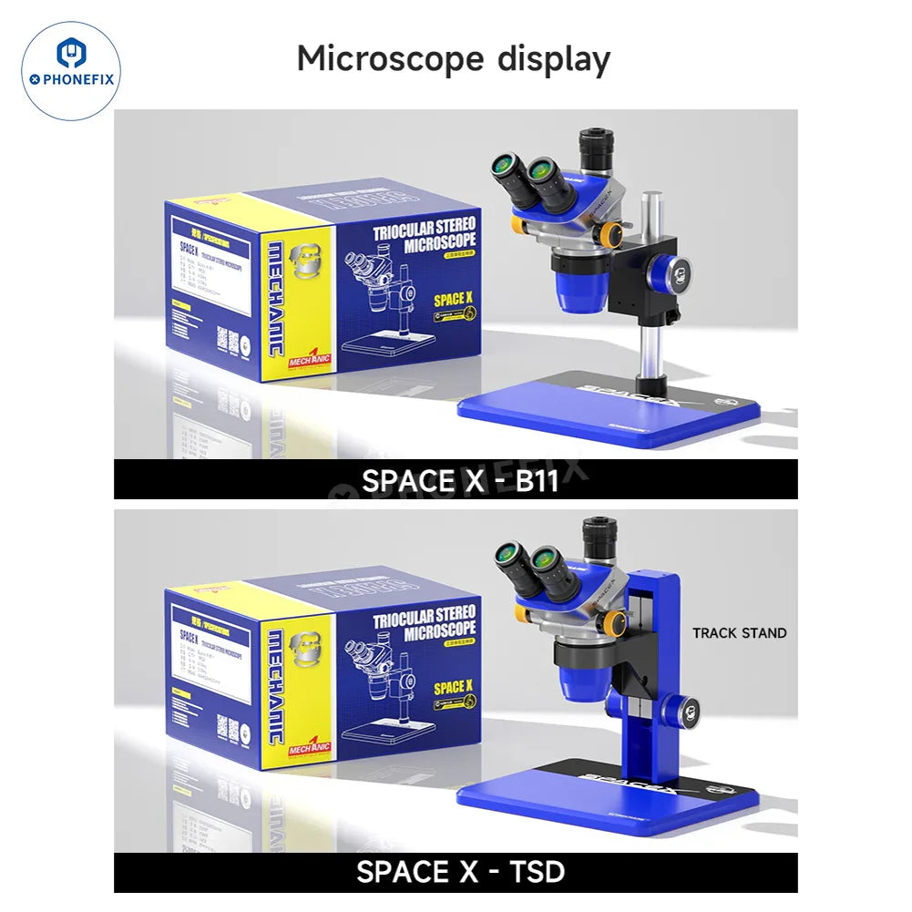 PhoneFix Mechanic Space X 6.5X-52X Trinocular Micro-Soldering Microscope with adjustable eyepieces and built-in lighting for detailed inspection.
