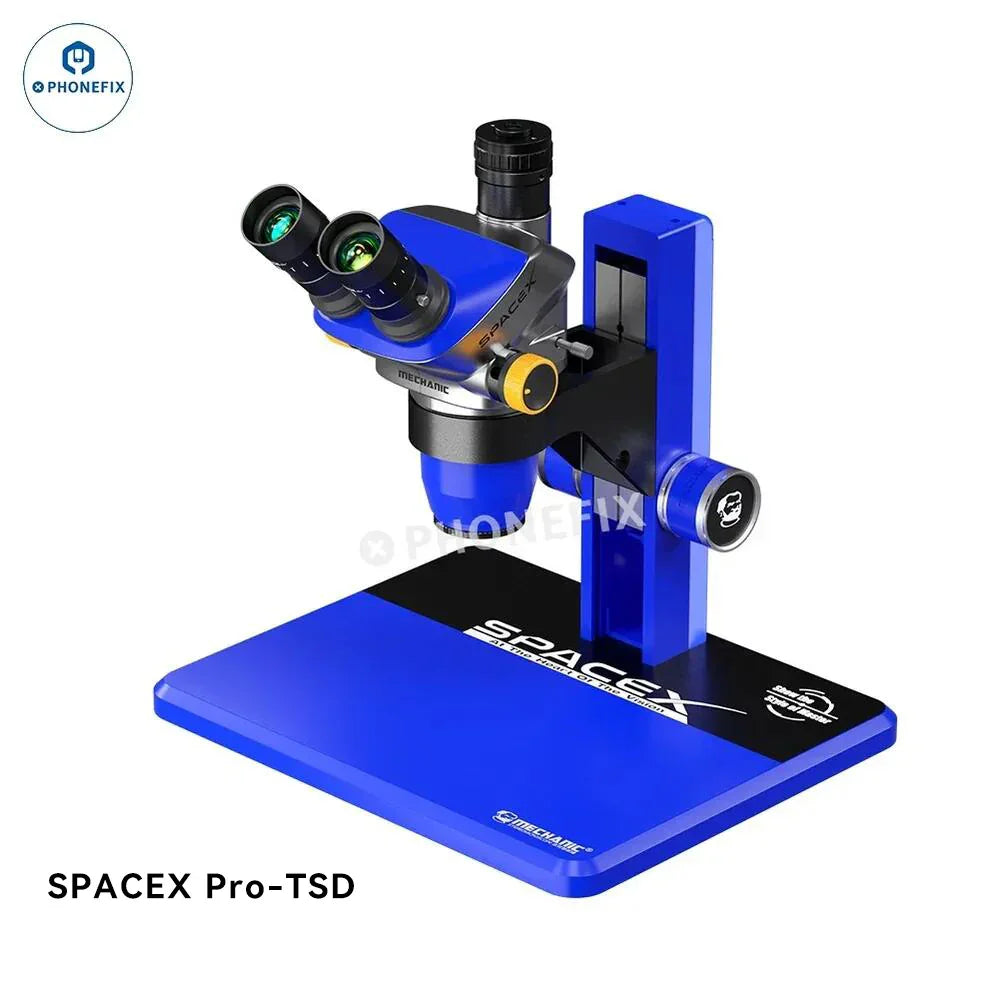 Electric trinocular microscope by PHONEFIX with Space X-themed design, 6.5X-52X magnification, ideal for micro-soldering tasks.