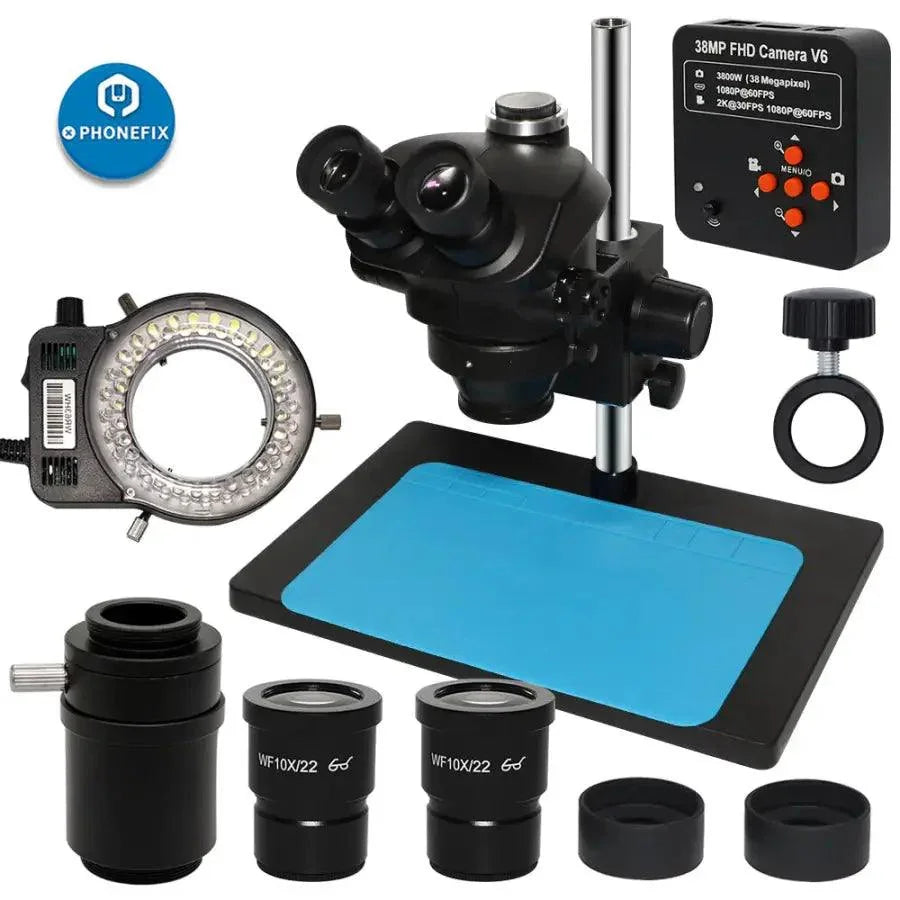 Phonefix 7x-45x trinocular stereo microscope with 38MP HDMI camera, ideal for detailed viewing and high-resolution imaging.