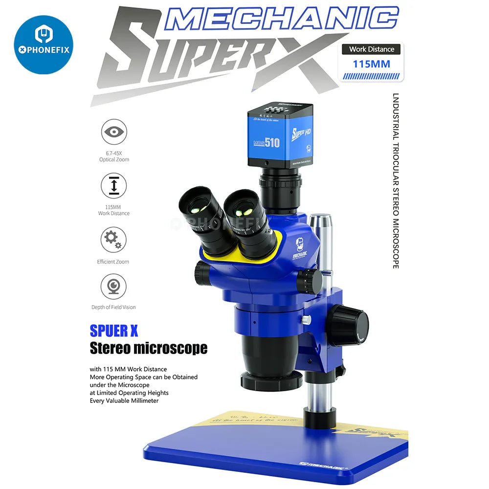 PHONEFIX Super X Pro 6.5X-55X trinocular stereo microscope with electric illumination for detailed mechanic inspections.