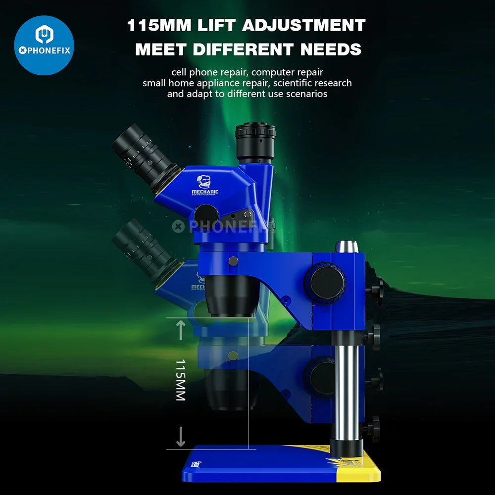 Super X Pro 6.5X-55X trinocular stereo microscope for mechanics, featuring electric illumination and adjustable zoom.