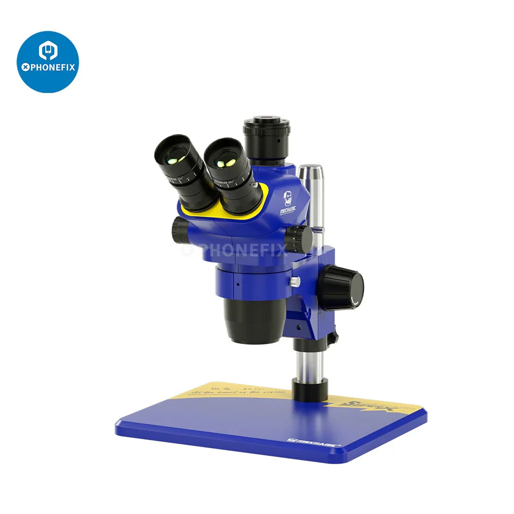 Super X Pro 6.5X-55X trinocular stereo microscope by PHONEFIX, electric mechanic microscope with adjustable magnification and viewing head.