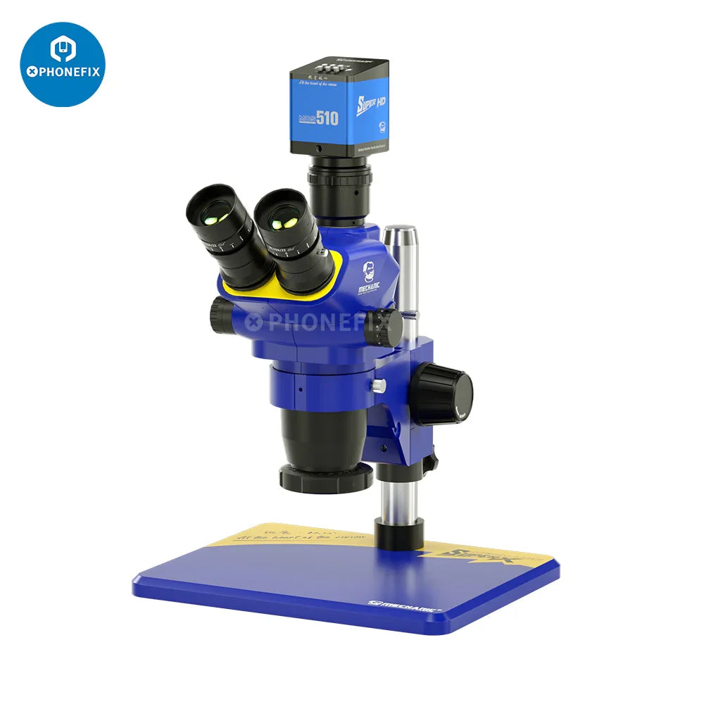 Super X Pro 6.5X-55X trinocular stereo microscope by PHONEFIX, electric mechanic microscope with adjustable zoom and binocular eyepieces.