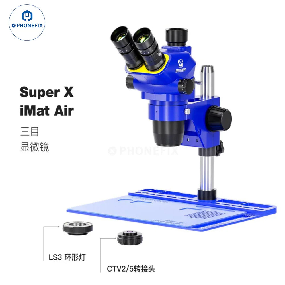 Super X Pro 6.5X-55X trinocular stereo microscope by PHONEFIX, electric microscope for detailed mechanical inspections.