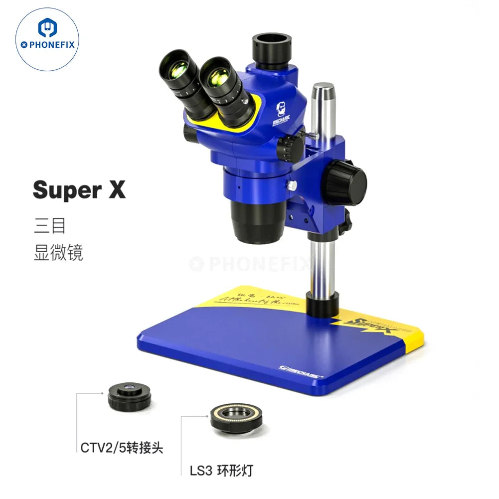 Super X Pro 6.5X-55X trinocular stereo microscope for mechanics by PHONEFIX with adjustable eyepieces and bright illumination.