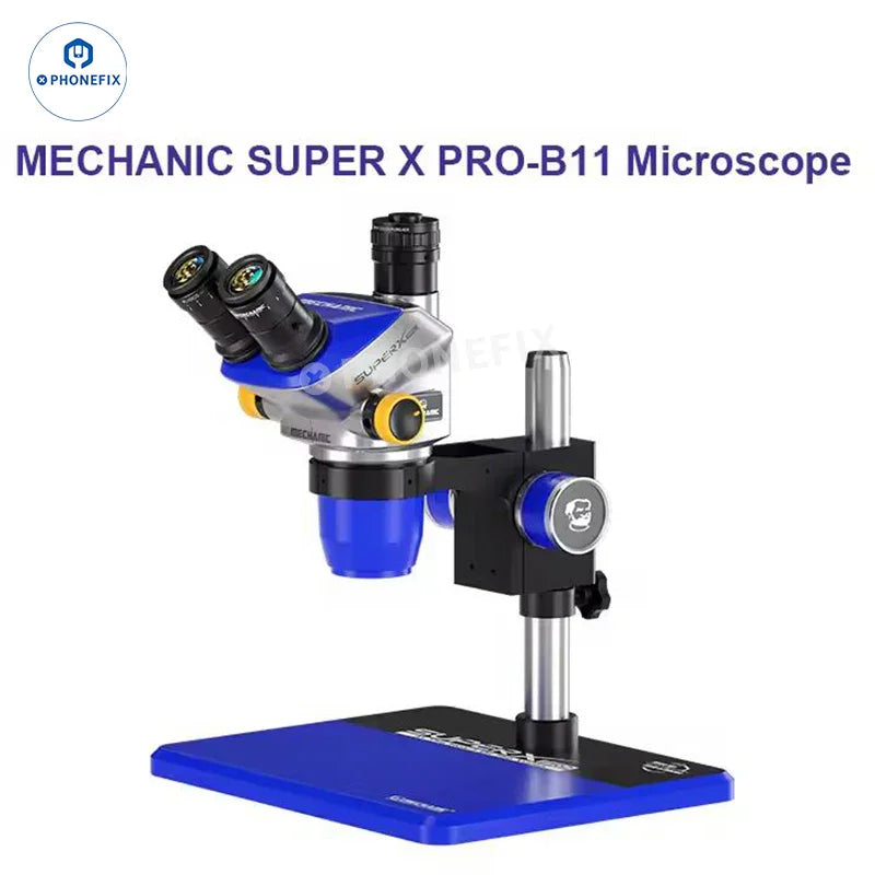 Super X Pro 6.5X-55X trinocular stereo microscope by PHONEFIX, electric microscope for detailed mechanic inspections.
