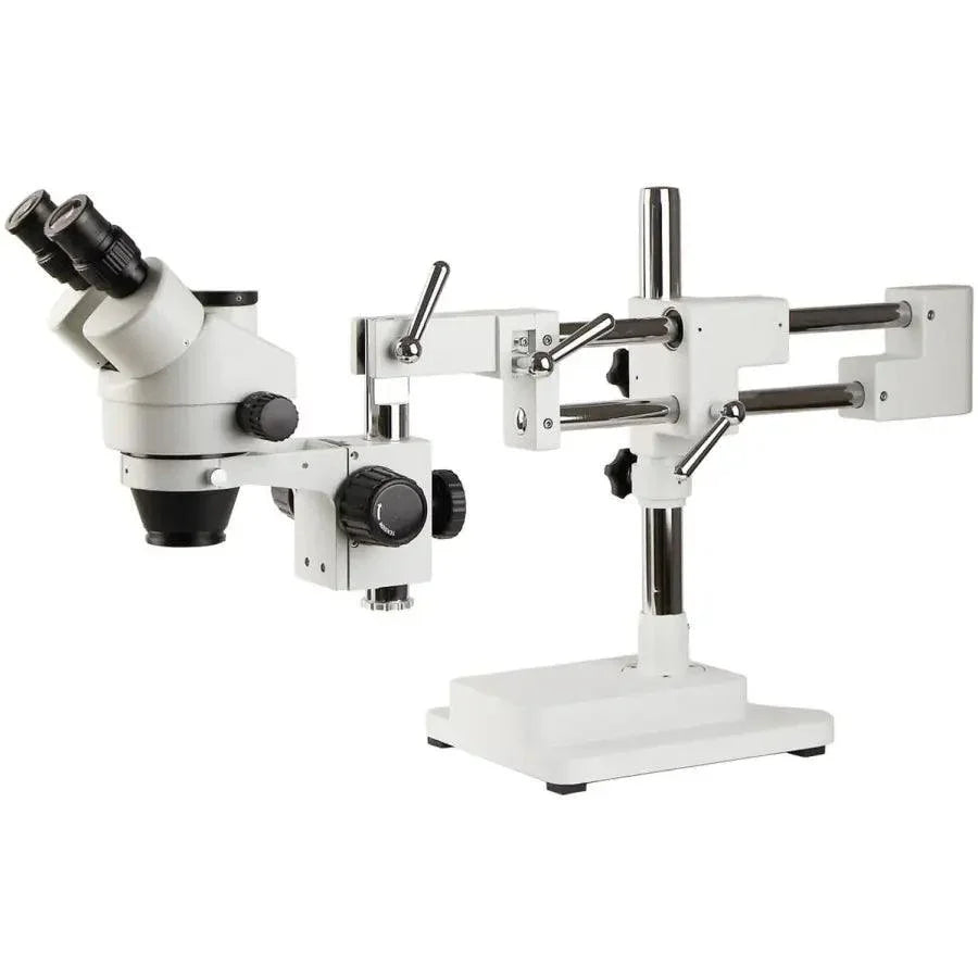 Double-arm boom stereo zoom trinocular microscope by PHONEFIX for PCB soldering, featuring adjustable magnification and high-resolution optics.