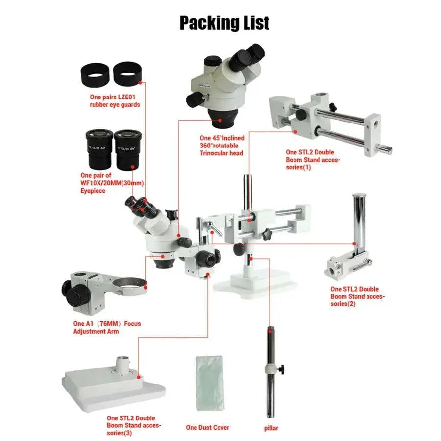 PhoneFix double-arm boom stereo zoom trinocular microscope for PCB soldering, electric microscope with adjustable magnification and lighting.