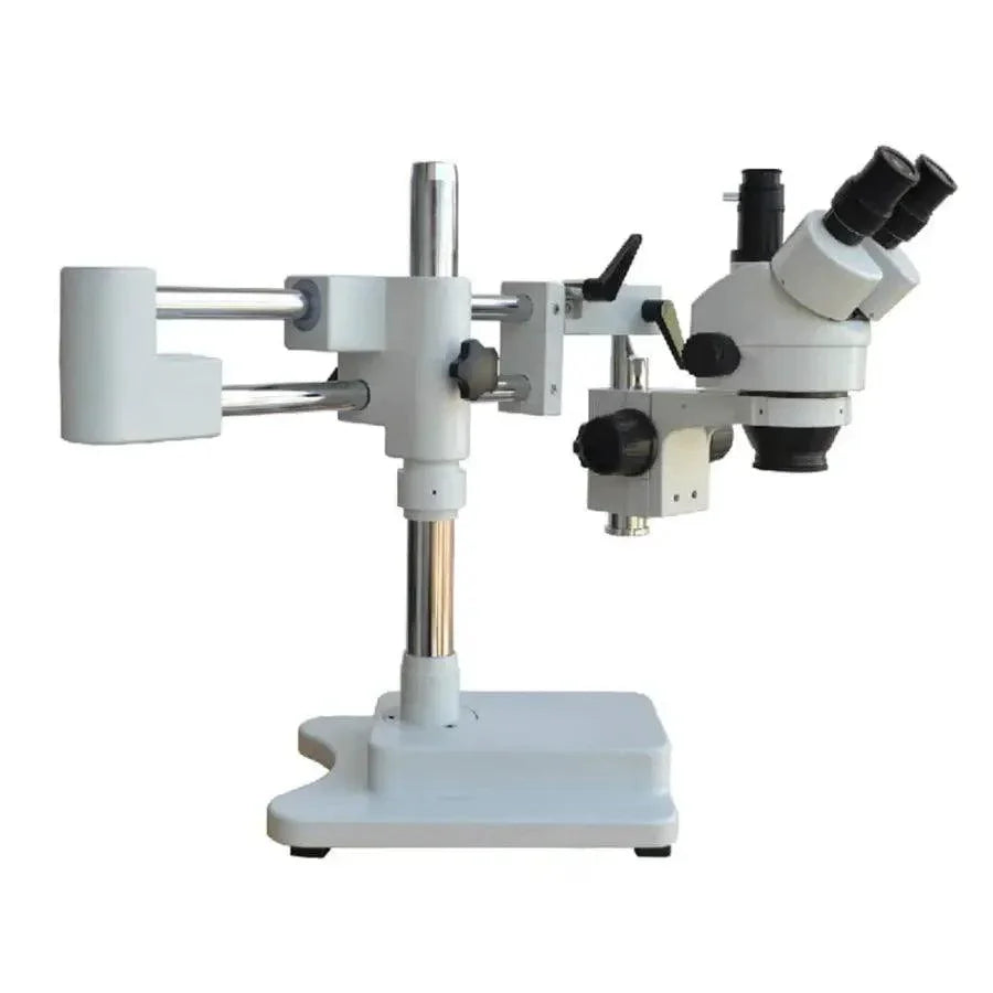 PhoneFix double-arm boom stereo zoom trinocular microscope for PCB soldering, with ergonomic design and high magnification.