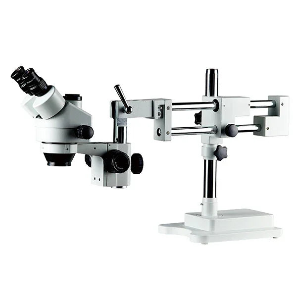 PHONEFIX double-arm boom stereo zoom trinocular microscope for PCB soldering, featuring electric design and high magnification.