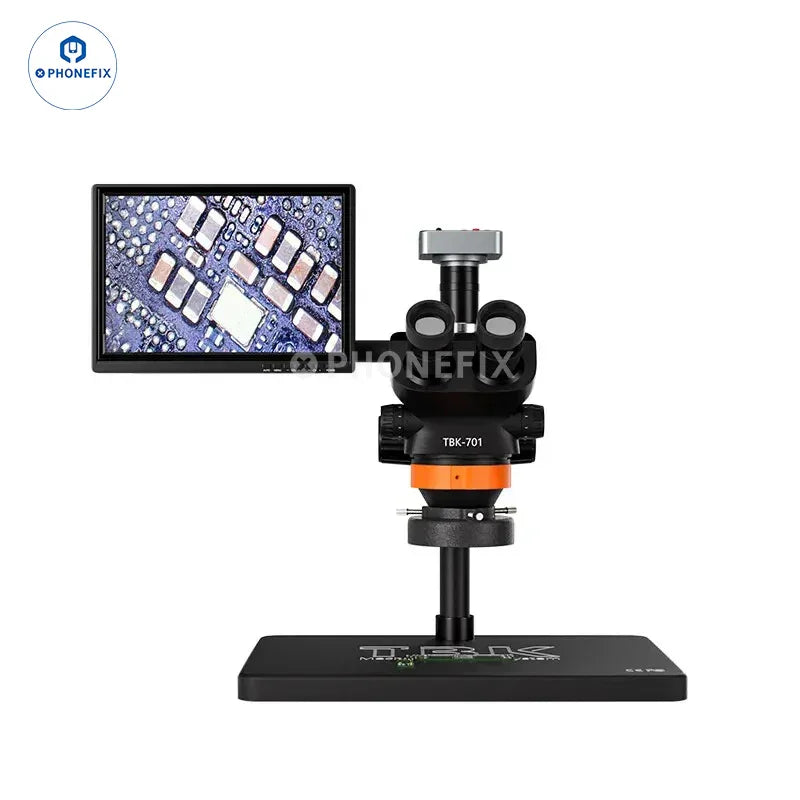 PhoneFix TBK 701 trinocular stereo microscope with 48MP camera and HD screen, showing the microscope's detailed view and control panel.