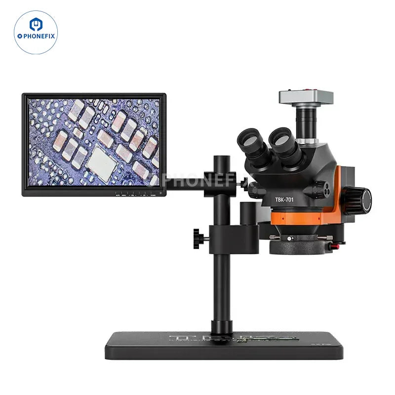 PhoneFix TBK 701 trinocular stereo microscope with 48MP camera and HD screen, electric microscope for detailed viewing.