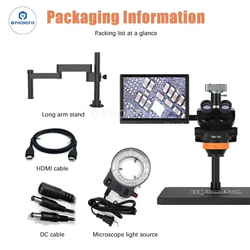 PhoneFix TBK 701 trinocular stereo microscope with 48MP camera and HD screen, showcasing the microscope's detailed optical setup.