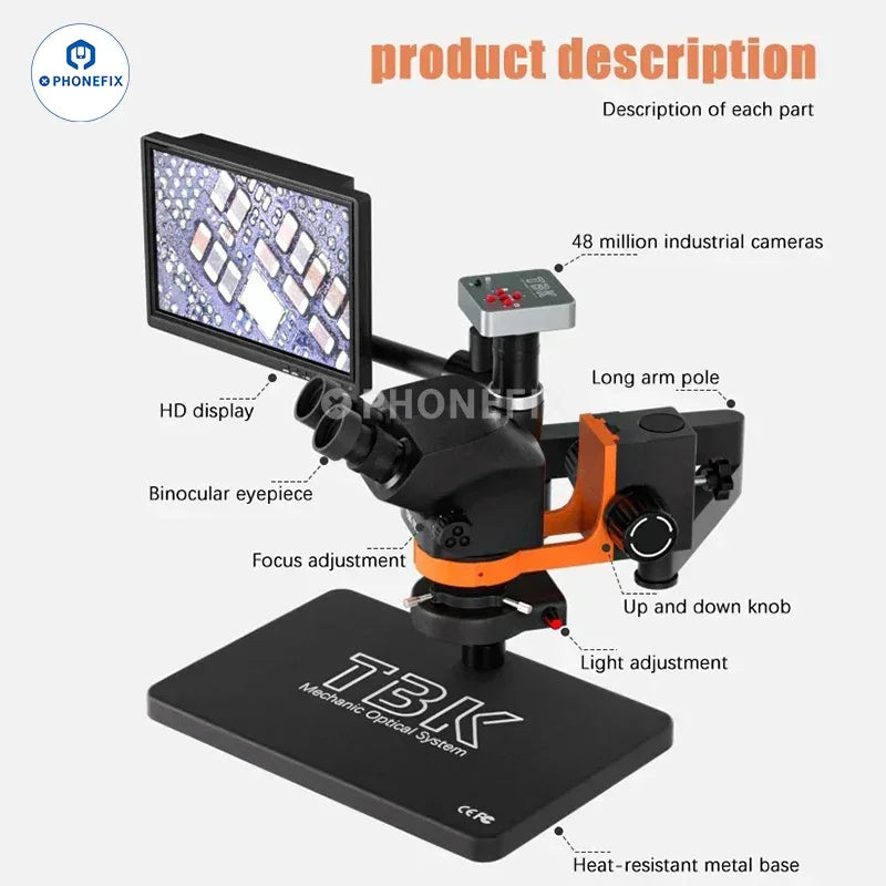 PhoneFix TBK 701 trinocular stereo microscope with 48MP camera, HD screen, and adjustable eyepieces for detailed viewing.