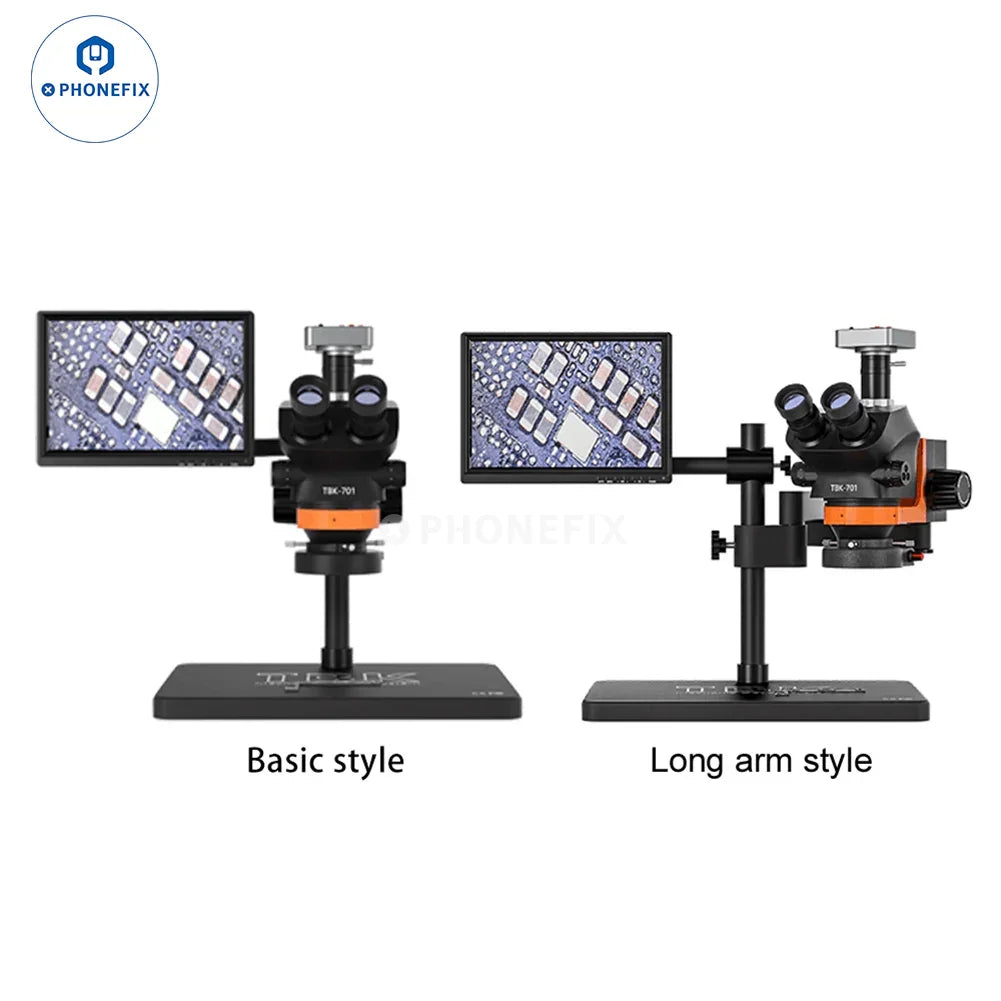 PhoneFix TBK 701 trinocular stereo microscope with 48MP camera and HD screen, used for detailed inspection and scientific observation.