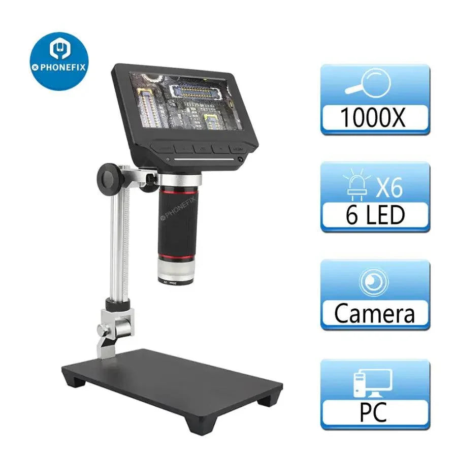 Electric PHONEFIX 1000X digital microscope with 7-inch HD LCD display, ideal for soldering repair and electronic inspection.