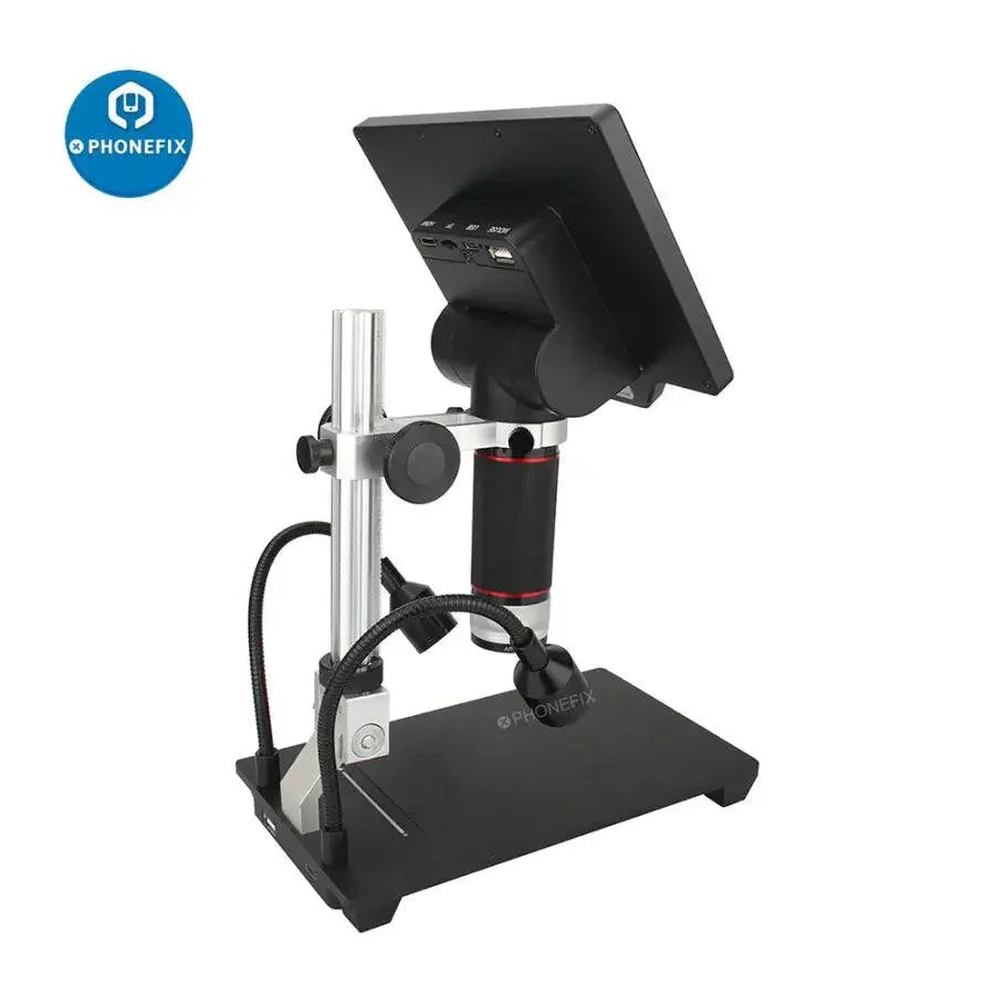 Electric digital microscope with 7-inch HD LCD screen for soldering repair, branded PHONEFIX, showing close-up of electronic components.