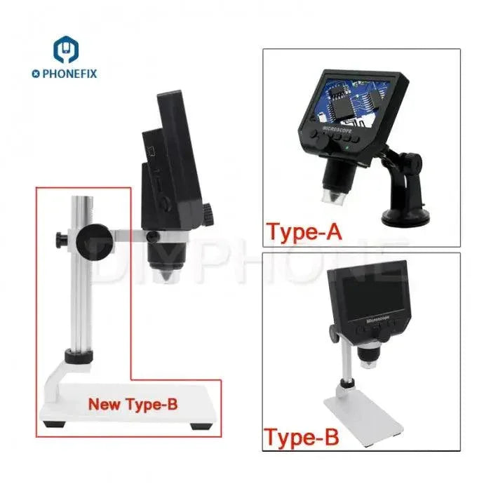PHONEFIX 3.6MP 600X HD digital electronic microscope with 4.3-inch LCD display, suitable for detailed microscopic inspection.