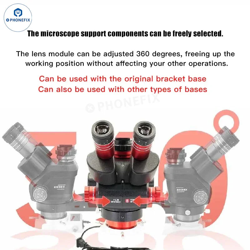 YCS 6558X 6.5X-58X trinocular zoom stereo microscope by PHONEFIX, featuring adjustable eyepieces and an electric illumination system.