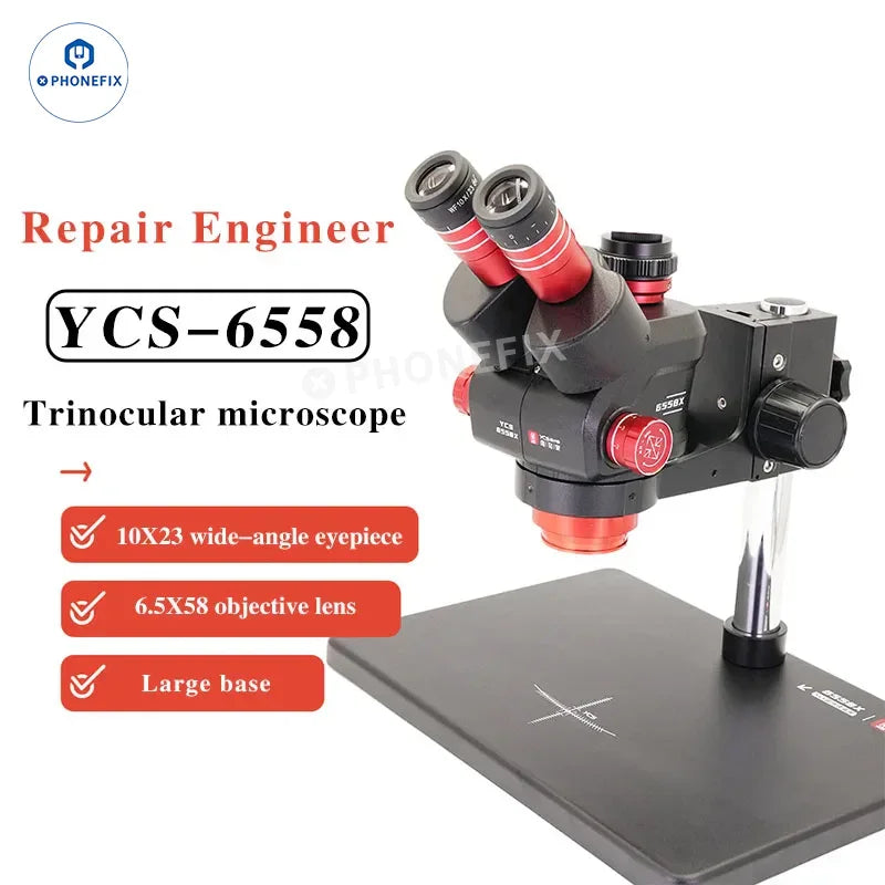 YCS 6558X 6.5X-58X trinocular zoom stereo microscope with electric illumination, branded PHONEFIX for detailed magnified viewing.