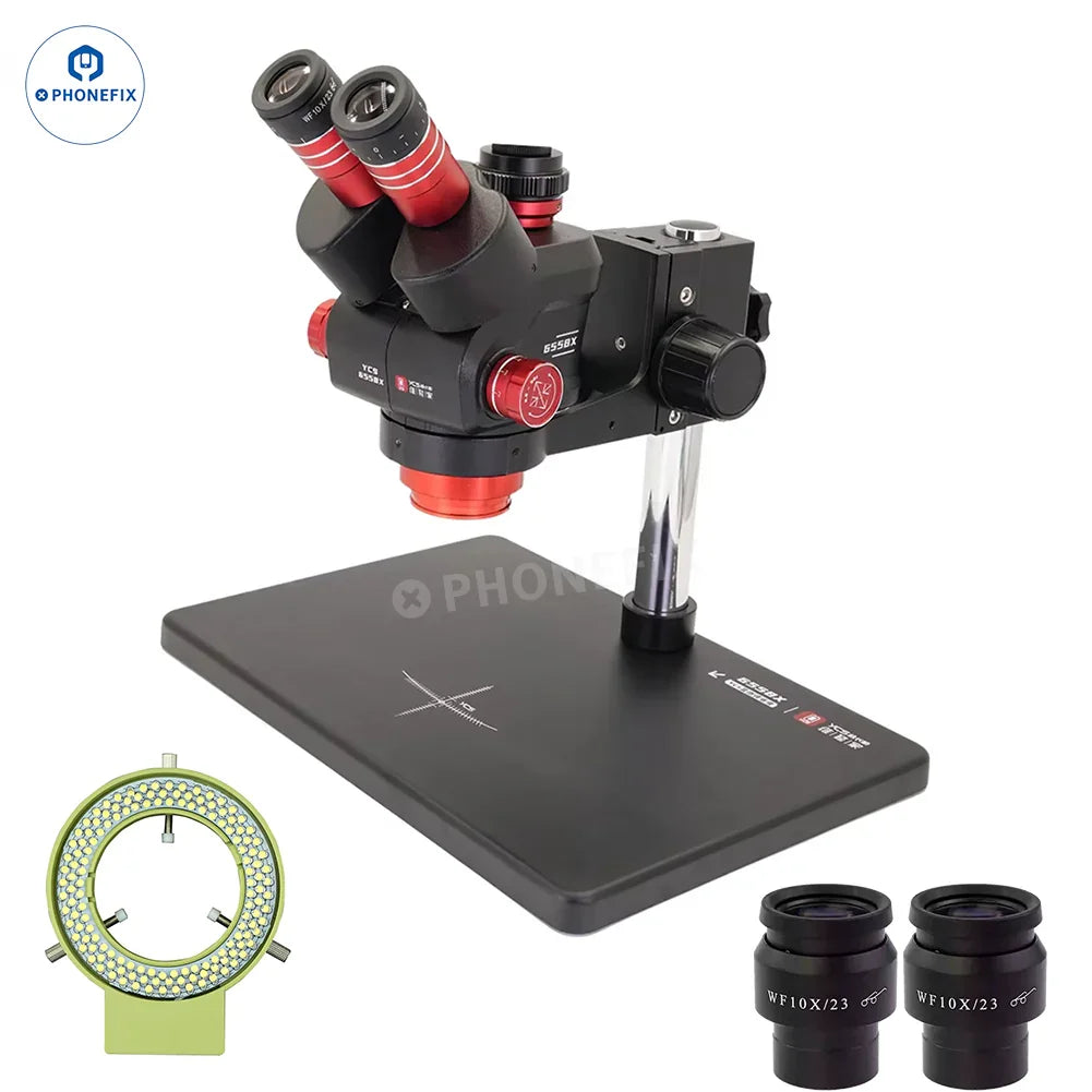 YCS 6558X 6.5X-58X trinocular zoom stereo microscope with electric illumination and adjustable focus for detailed imaging.