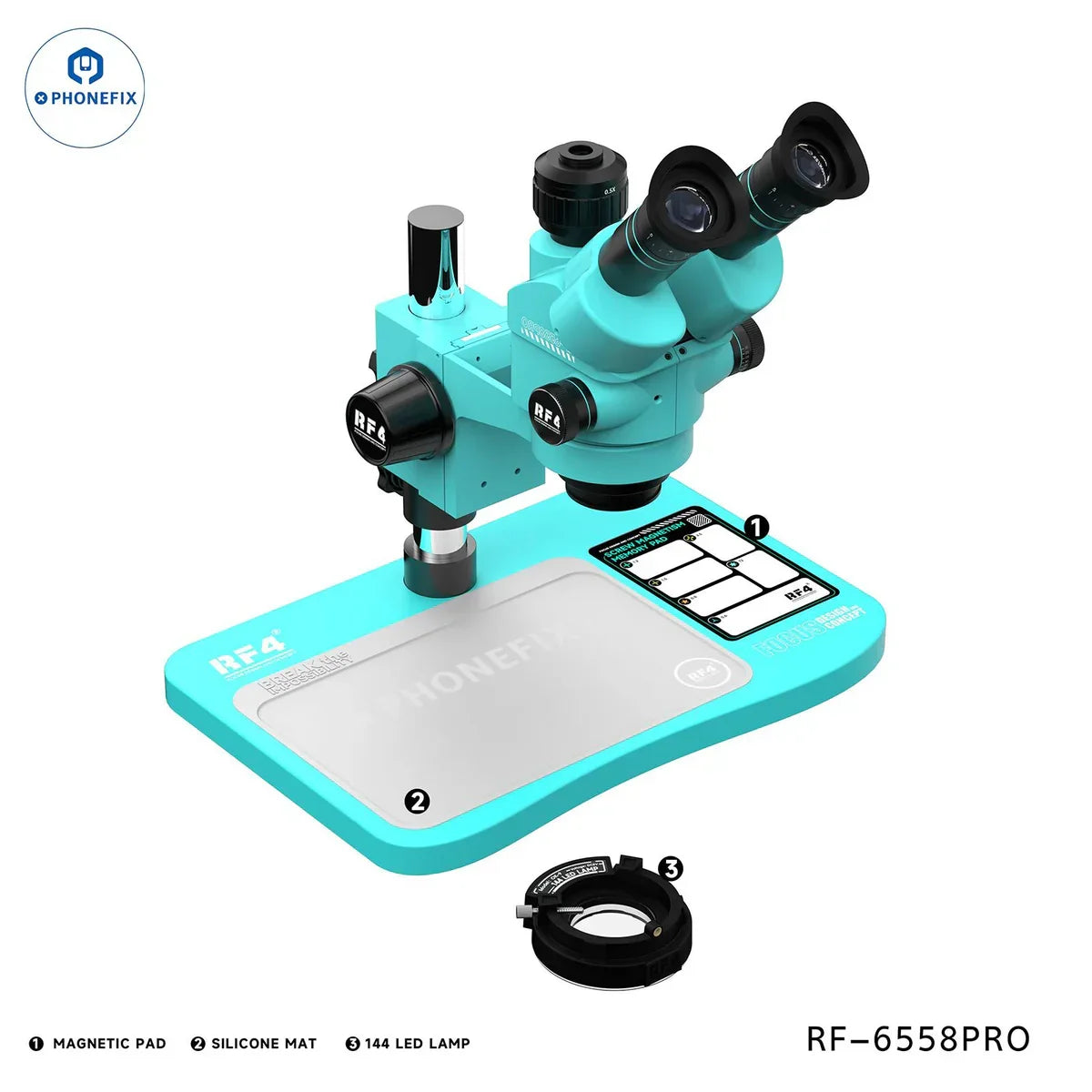 YCS 6558X 6.5X-58X trinocular zoom stereo microscope by PHONEFIX, featuring electric illumination and adjustable focus.