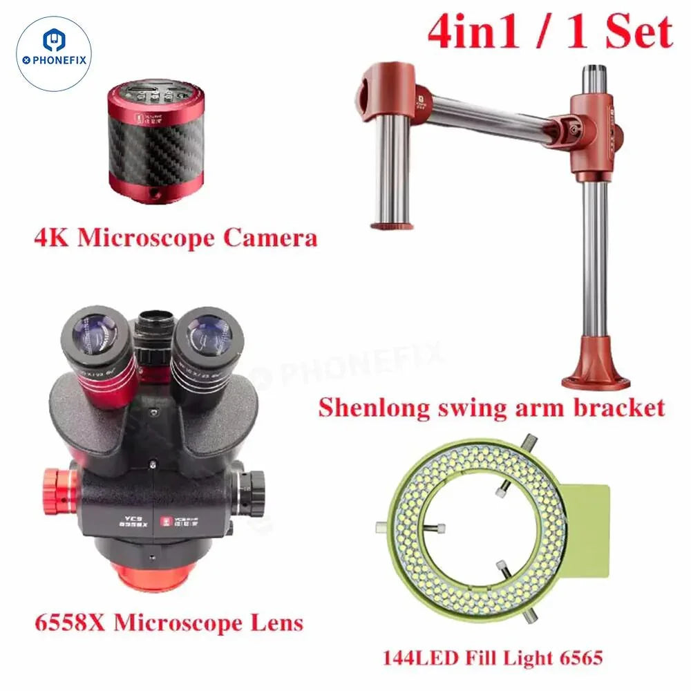 YCS 6558X 6.5X-58X trinocular zoom stereo microscope with electric illumination, used for detailed scientific observation.