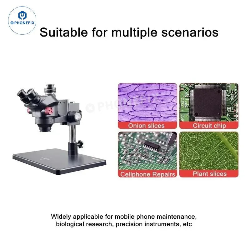 Microscopio eléctrico PHONEFIX YCS 7050X para reparación de teléfonos móviles con zoom de 7X a 50X que muestra una vista detallada de los componentes de la placa de circuito.