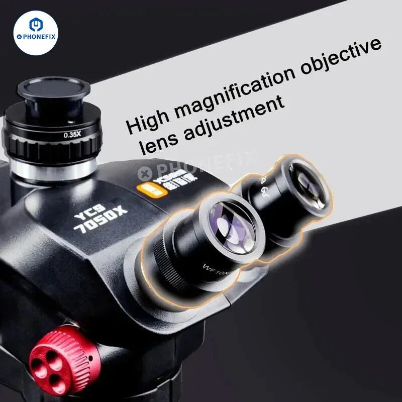 Microscopio eléctrico para reparación de teléfonos móviles PHONEFIX YCS 7050X con zoom de 7x a 50x, enfoque ajustable e iluminación LED integrada.