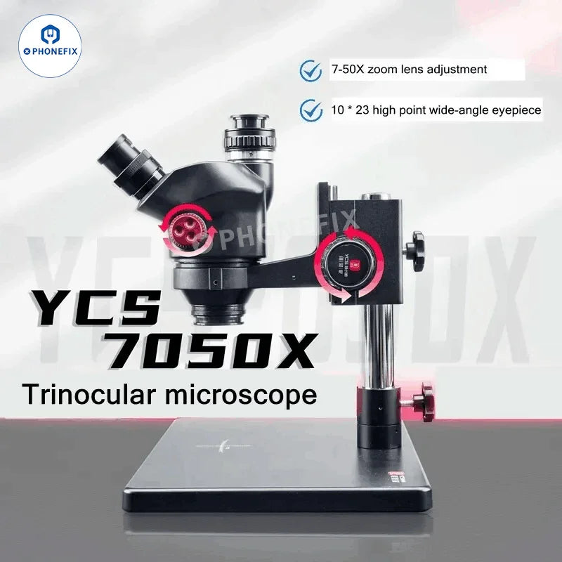 PhoneFix YCS 7050X mobile phone repair microscope with 7x-50x zoom, featuring an electric microscope for precise electronic inspections.